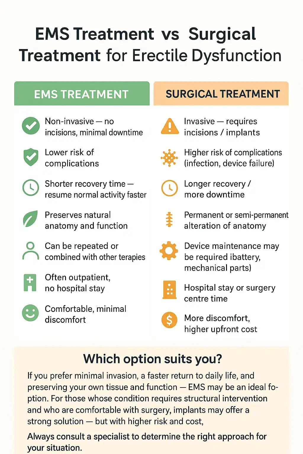 A table showing the benefits of EMS chair for erectile dysfunction treatment Bradford compared to surgery.