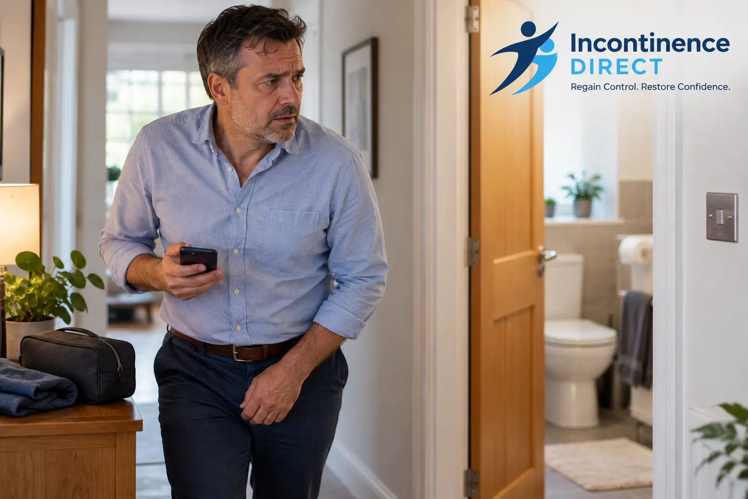 Worried Man Near Open Bathroom affected from faecal incontinence safety tips from incontinence direct Bradford