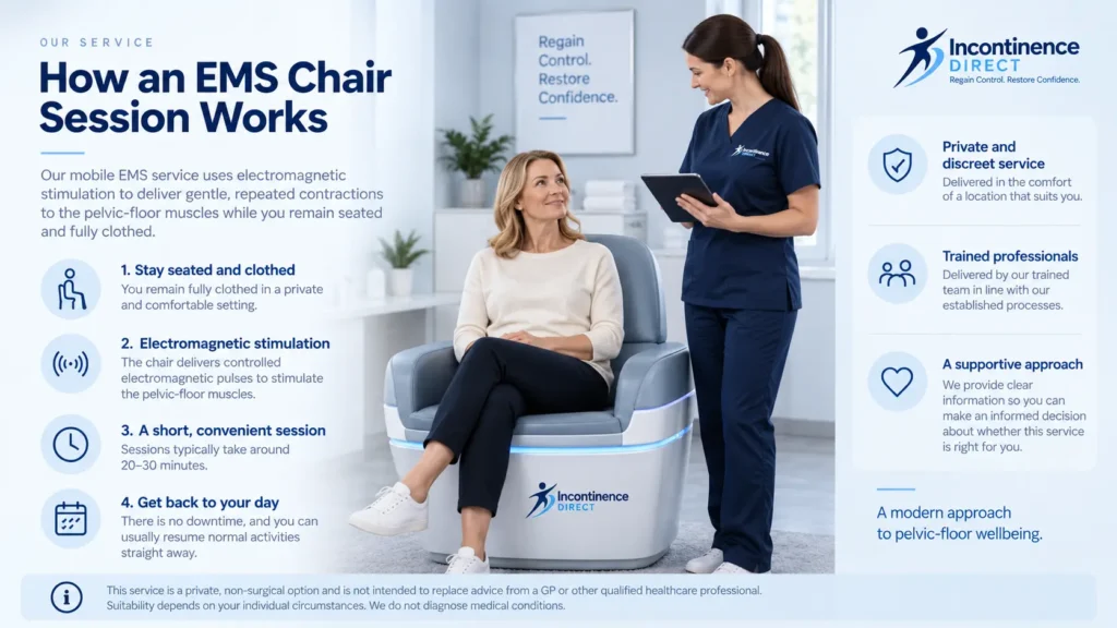 Illustration showing an EMS chair session at Incontinence Direct Bradford