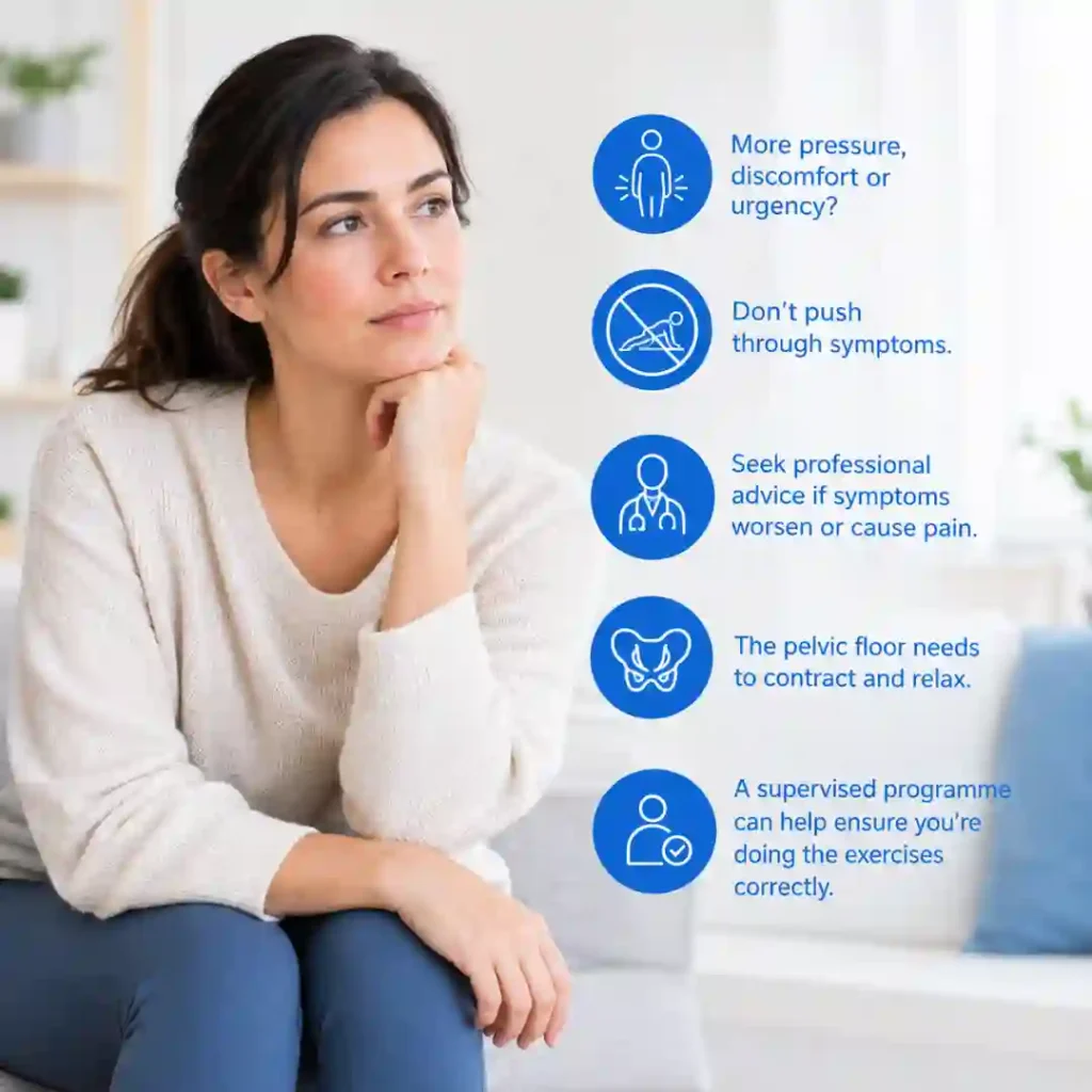 Pelvic-floor exercises Bradford involve controlled contraction and relaxation. Persistent pressure, discomfort or urinary urgency may warrant professional assessment.